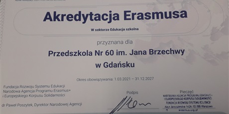 Powiększ grafikę:  Przedszkole nr 60 w Gdańsku otrzymało Akredytacje Erasmusa na lata 2021-2027